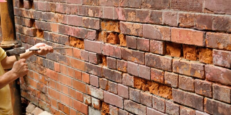 Repairing old brick wall using hammer