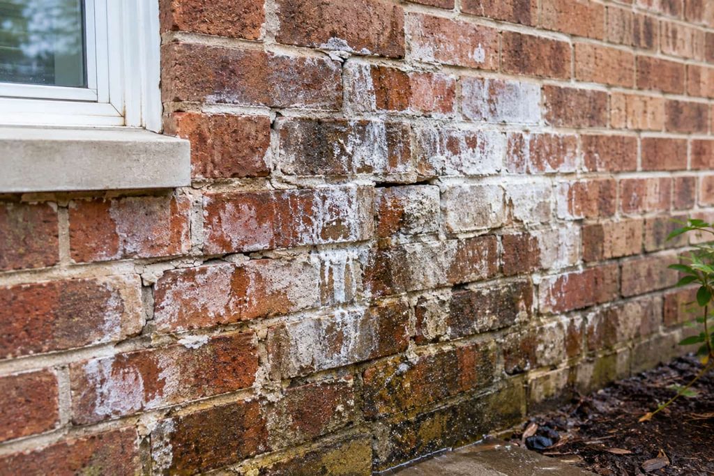 Water damage on exterior masonry wall