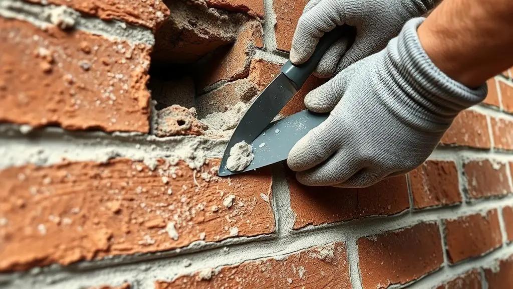 Brick repointing work restoring deteriorated mortar joints in an existing brick wall.