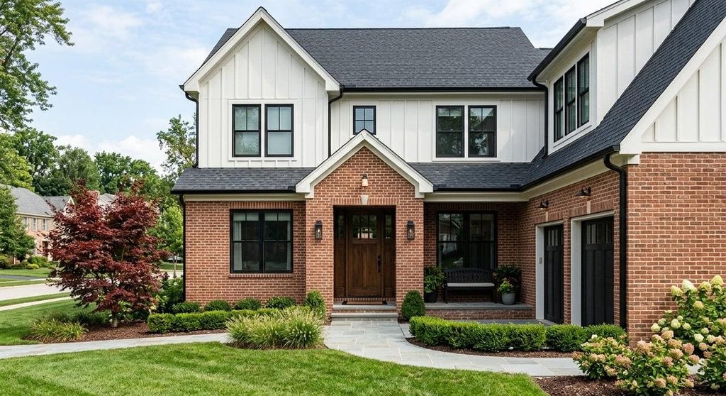Modern house exterior featuring brick veneer with neat mortar joints and white trim.