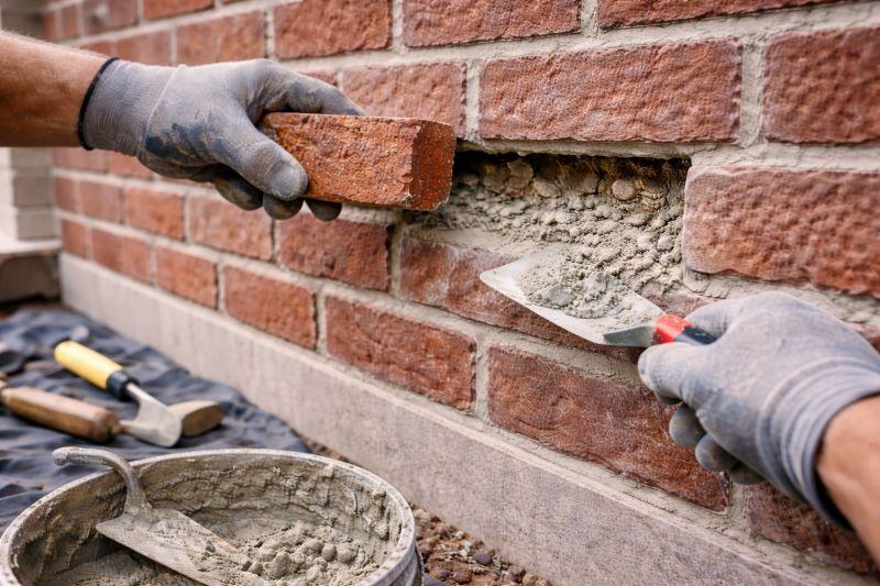 Mason repairing a damaged brick wall by replacing a loose brick and applying fresh mortar.