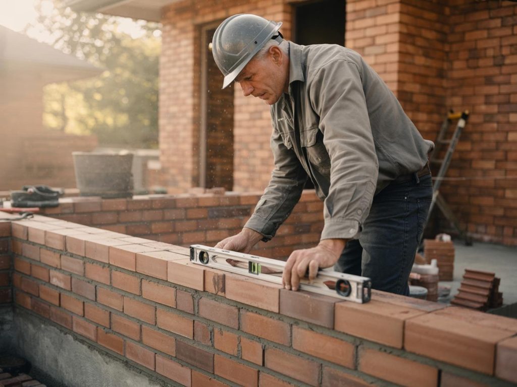 Mason checking brick wall alignment with a spirit level during construction.