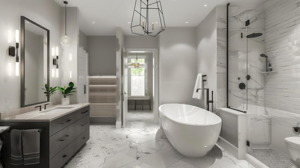 remodeled bathroom with a grey vanity