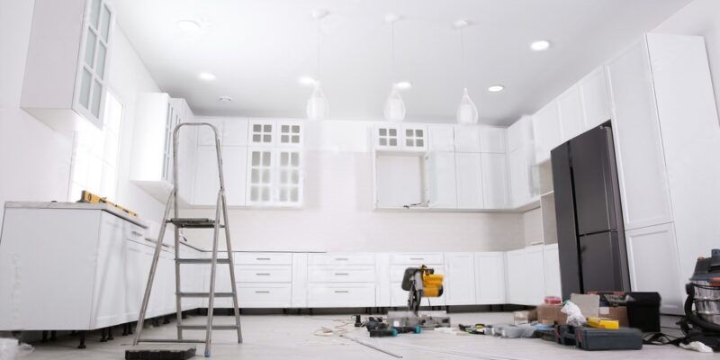 Renovated kitchen interior with stylish furniture