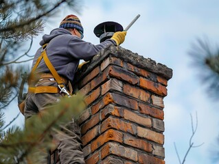 Chimney Sweep Inspecting and Cleaning a Brick Chimney