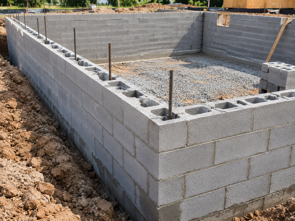 Concrete block foundation wall under construction