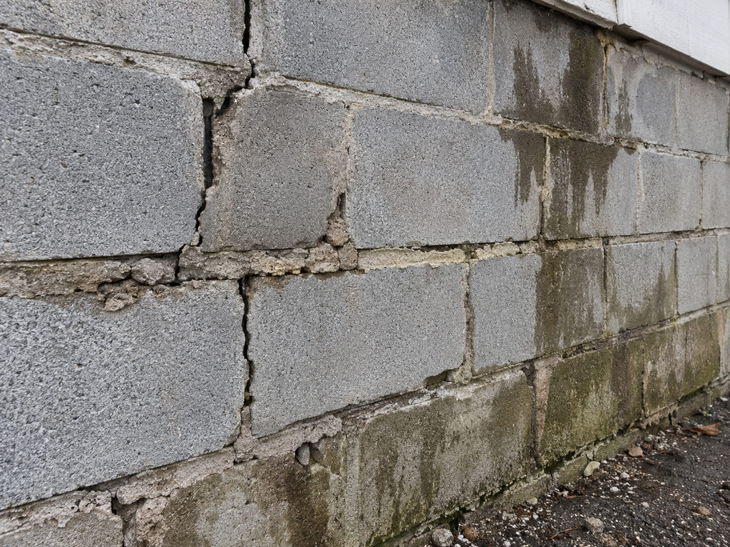 Damaged concrete block wall with cracks and moisture