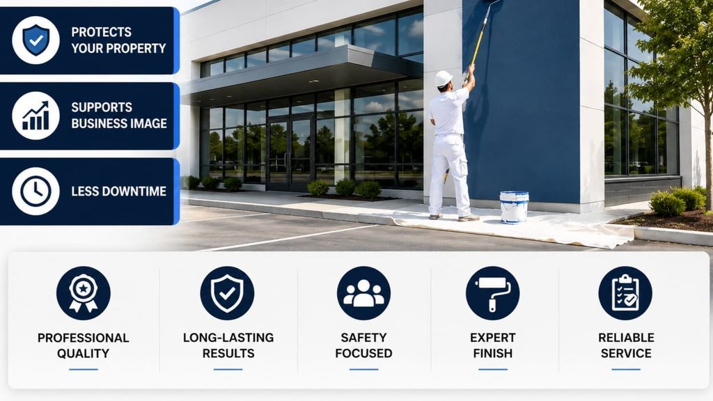 Commercial painting benefits showing a professional painter improving the exterior of a modern commercial building.