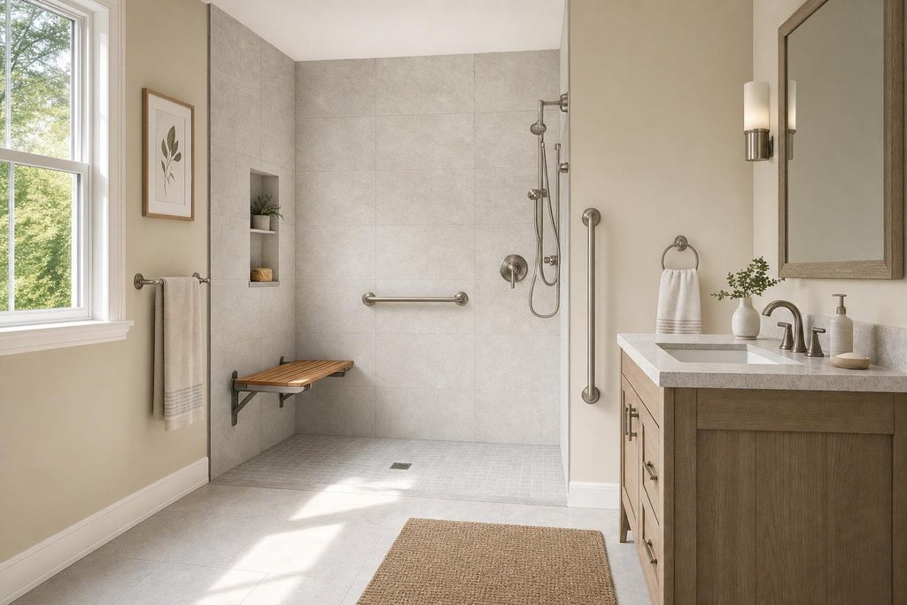 Modern roll in shower with a curbless entrance and spacious accessible bathroom design.