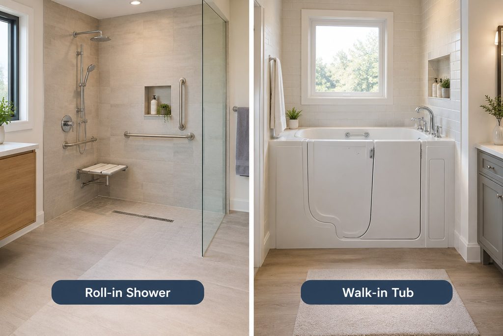 image compares a modern, accessible roll-in shower with a walk-in tub, using a clean, neutral bathroom design