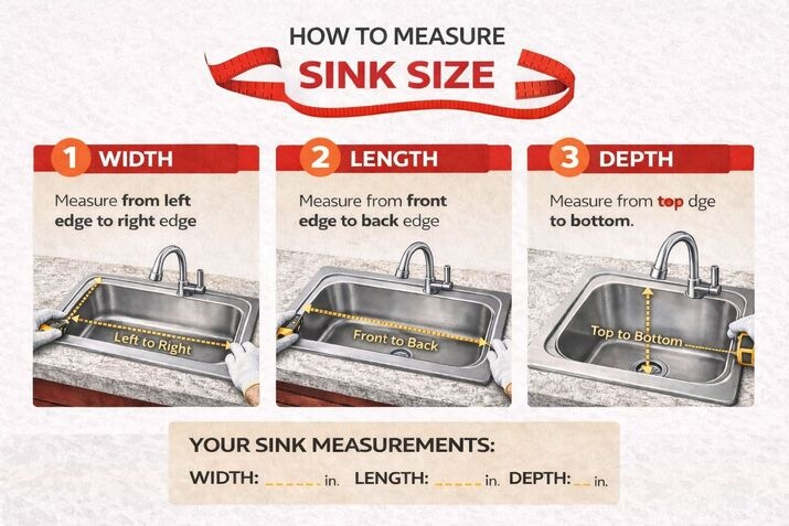 Step-by-step guide showing how to measure kitchen sink size including width, length, and depth for accurate sink installation in maryland