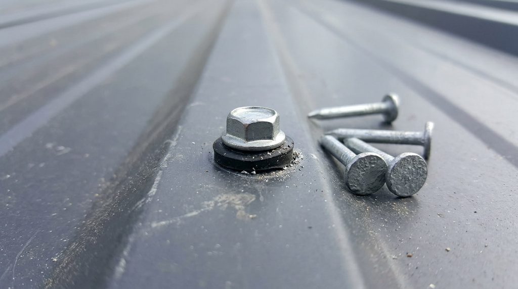 Screw with rubber washer and nails used on a metal roof
