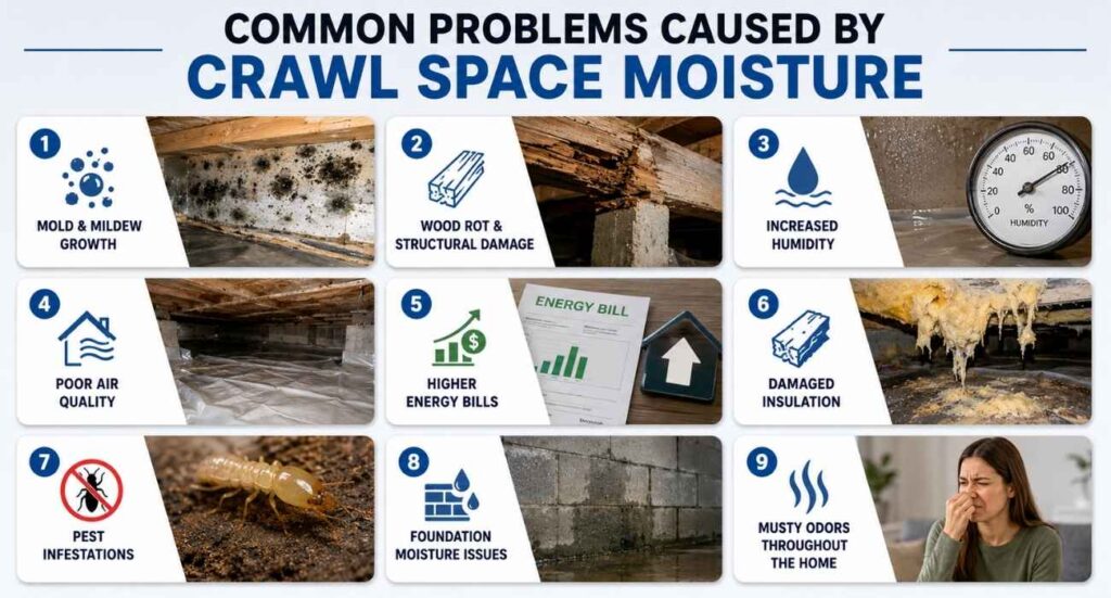 Vapor barrier basement crawl space benefits and common moisture problems affecting crawl spaces, basements, indoor air quality, insulation, and home foundations.
