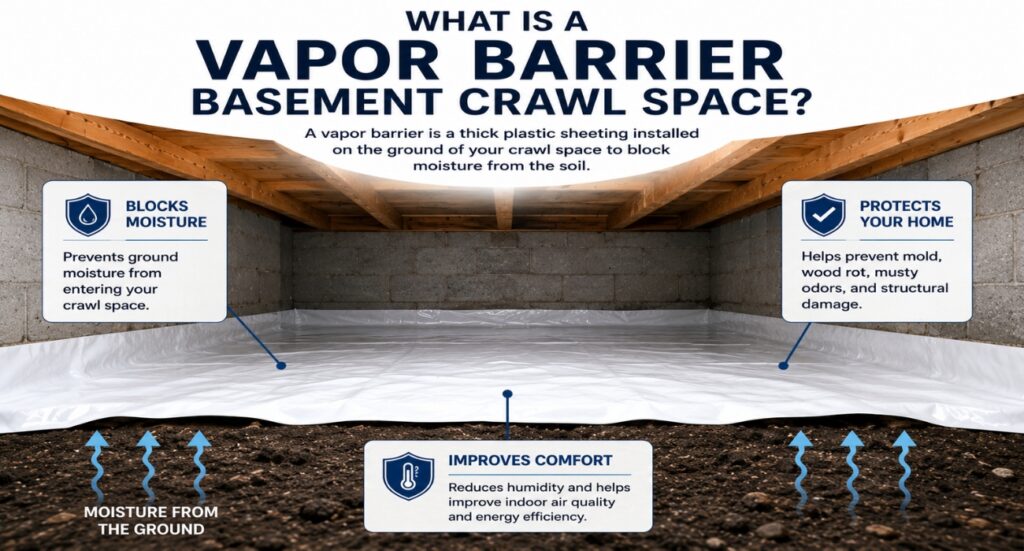 Vapor barrier basement crawl space system showing how a crawl space vapor barrier blocks ground moisture, reduces humidity, improves indoor air quality, and protects a home's structure.