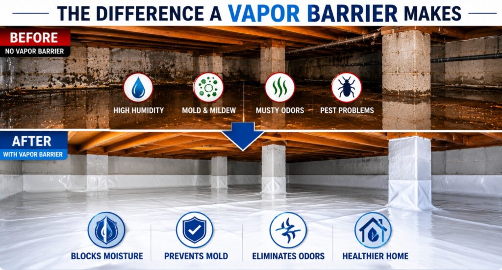 Before and after vapor barrier basement crawl space comparison showing moisture, mold, odors, and pests before installation and a clean, dry crawl space after vapor barrier installation.