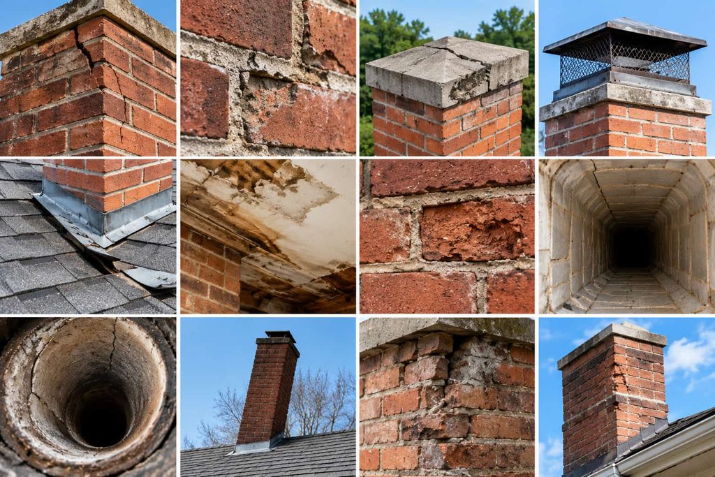 chimney damage, including cracked bricks, deteriorating mortar, damaged crowns and caps, leaking flashing, water damage, and structural deterioration