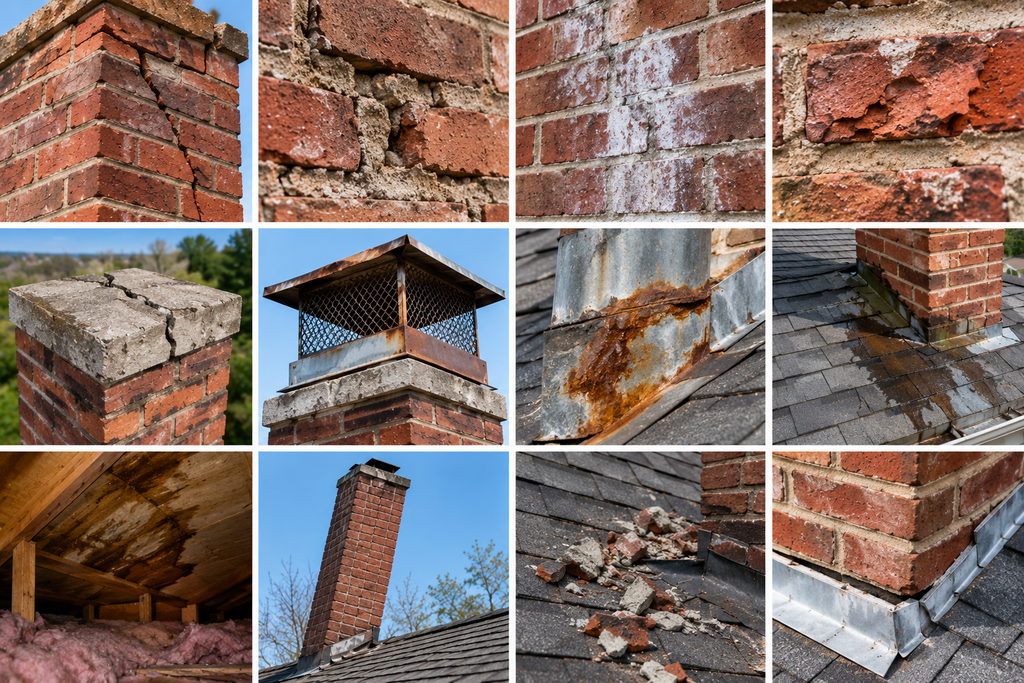 chimney warning signs, including cracked bricks, crumbling mortar, white staining, damaged flashing, rust, water damage, and leaning masonry
