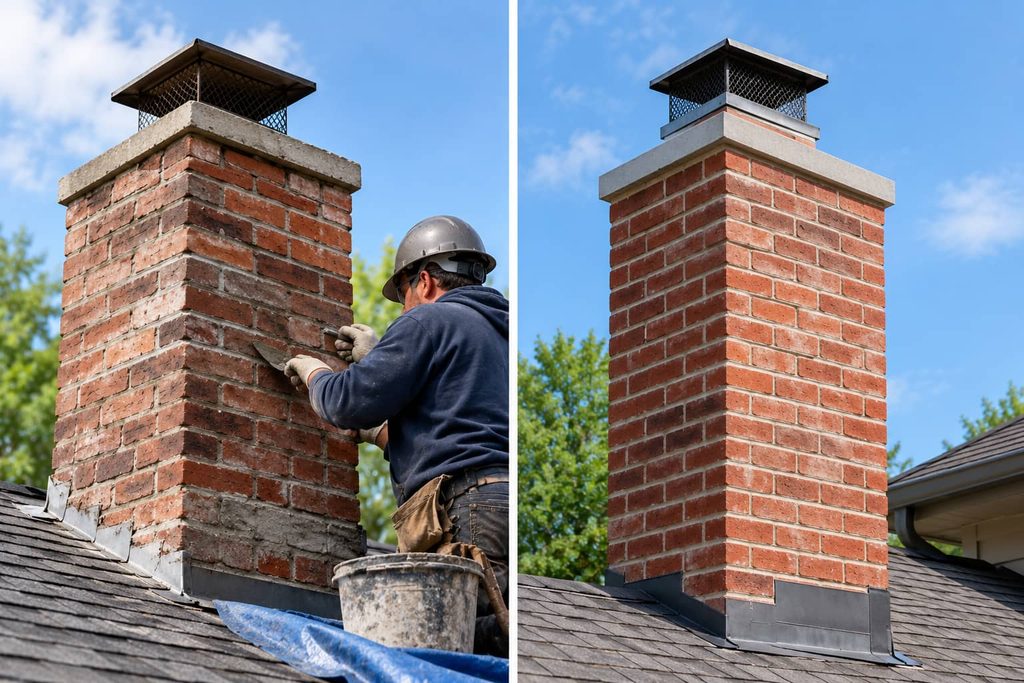 comparison of a brick chimney undergoing mortar repairs and a fully rebuilt chimney