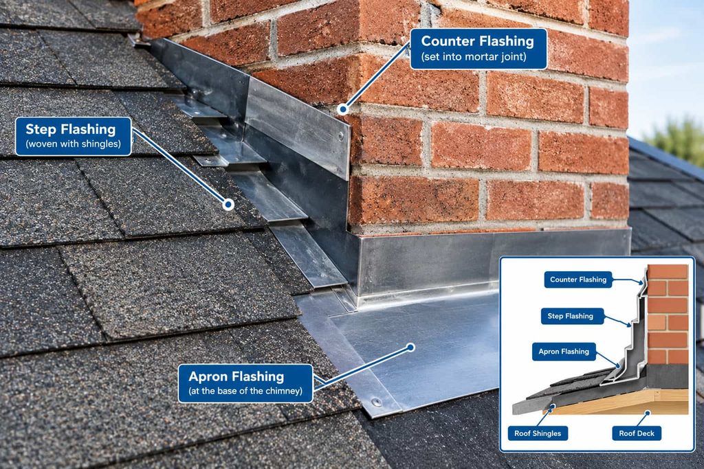 Chimney flashing components around a roof-to-chimney connection