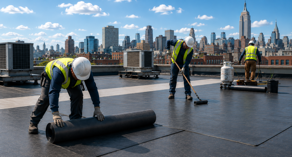 Commercial roof replacement crew installing a flat roof in NYC