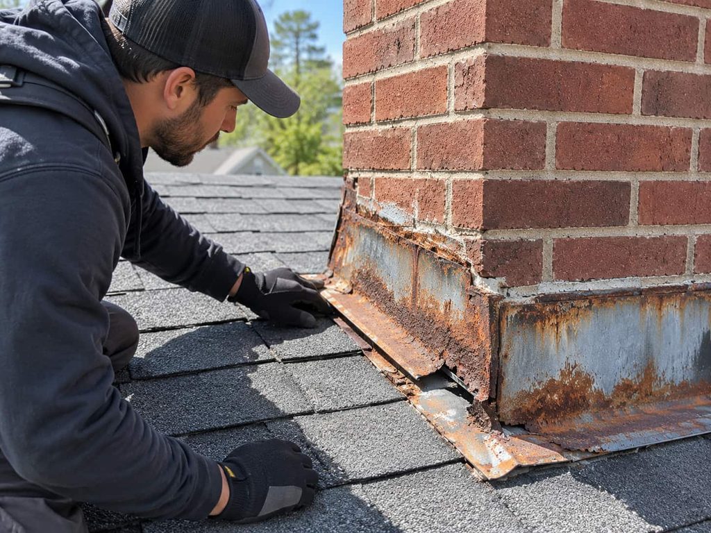 Roofer inspecting chimney flashing for water damage