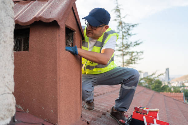 Professional chimney sweep checking a rooftop chimney to ensure safety and efficiency while explaining chimney sweep cost factors.