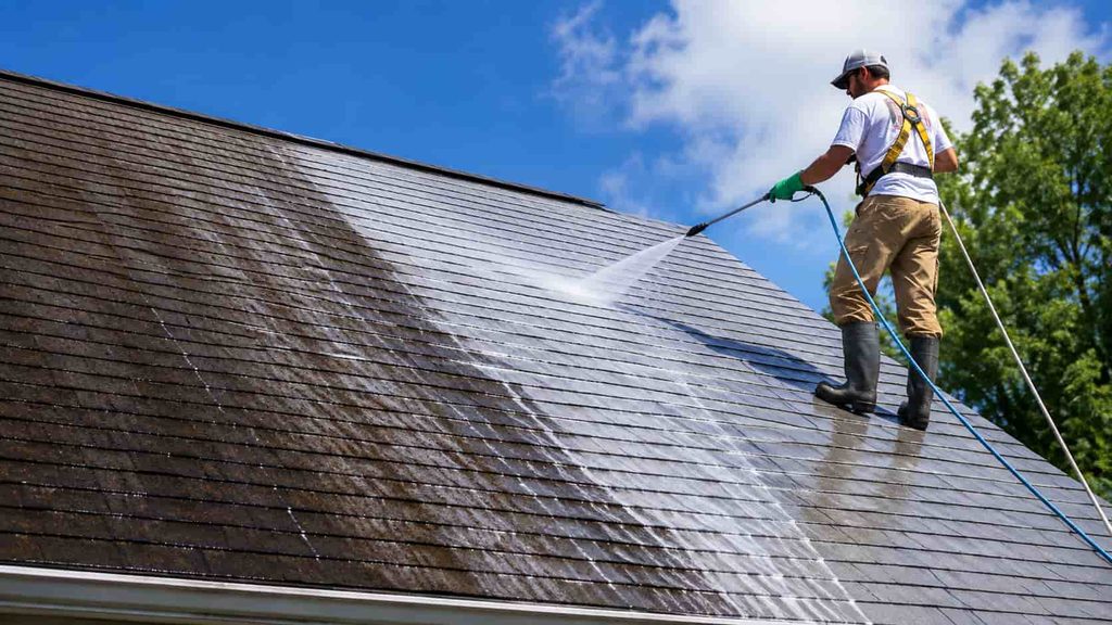 soft wash roof cleaning on a Maryland home