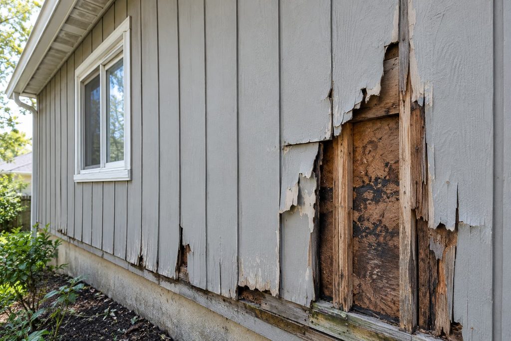 Damaged exterior siding before replacement