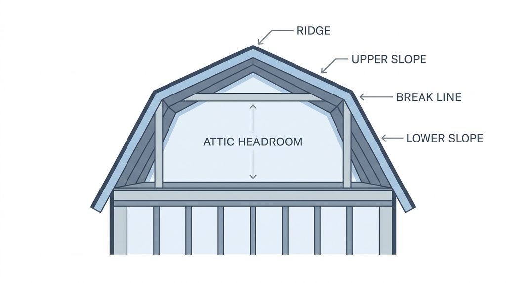 Gambrel roof diagram showing upper slope, lower slope, and break line