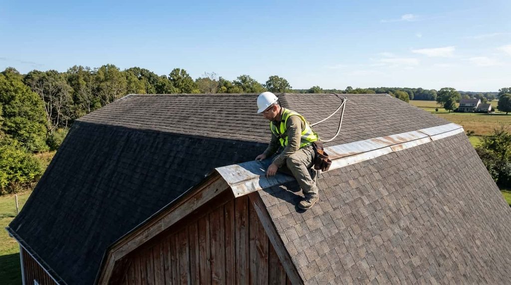 Roofer inspecting flashing at the break line of a gambrel roof