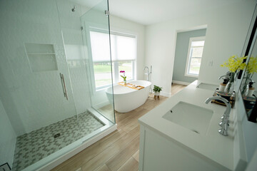 modern bathroom addition with walk in shower and bathtub for home remodeling in maryland