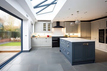 modern kitchen extension with island and large glass doors for home expansion in maryland