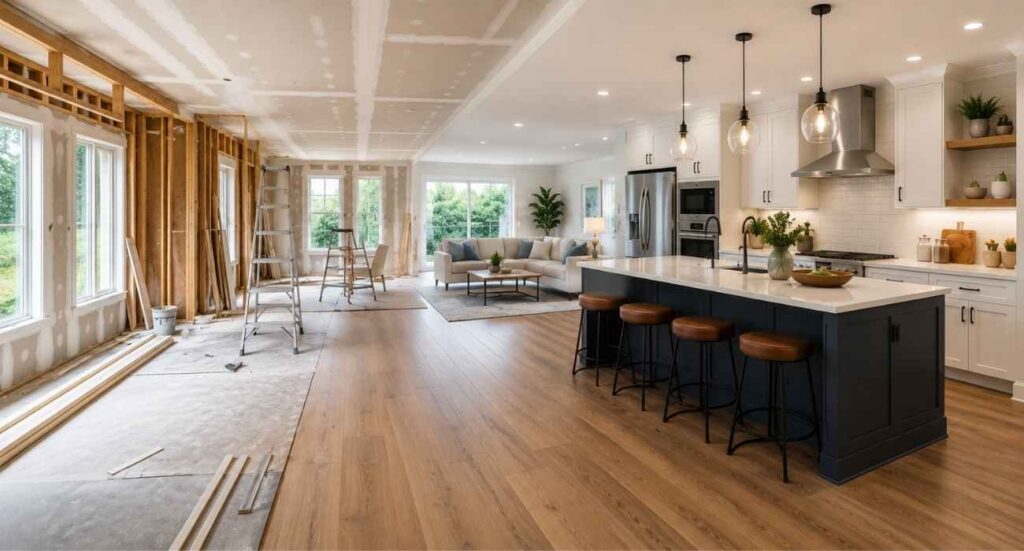 Complete home renovation project showing a modern renovated kitchen and living space, highlighting professional home remodeling, interior upgrades, and complete home renovation services in Maryland.