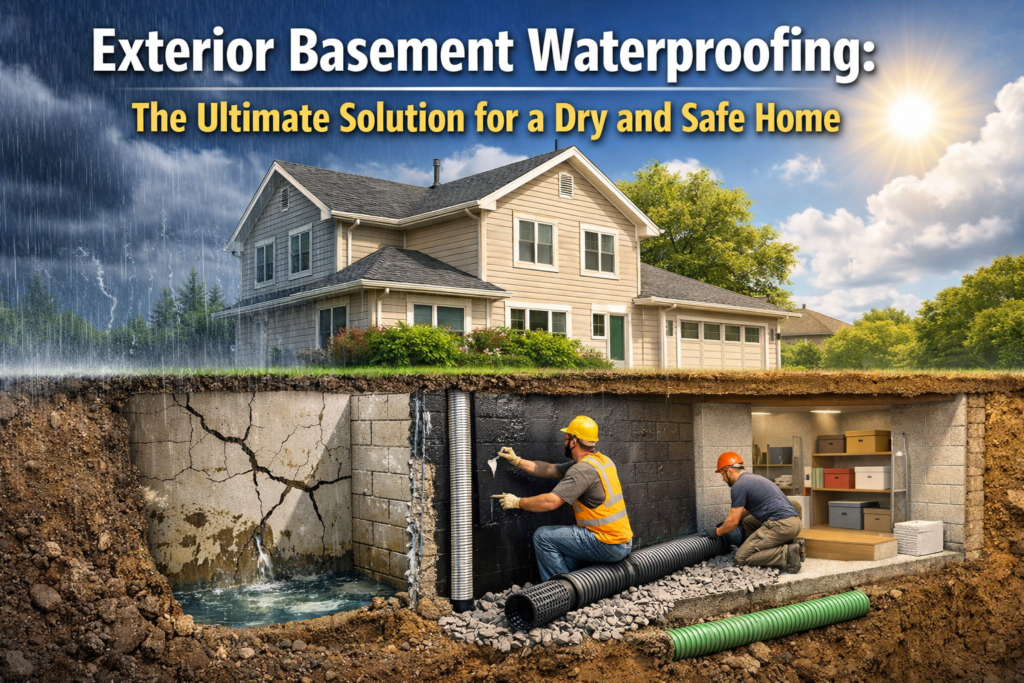Exterior Basement Waterproofing process showing foundation repair, drainage system, and dry basement solution