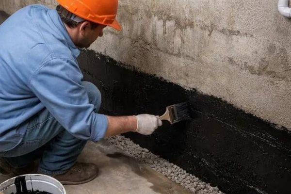 Worker applying waterproof coating on basement wall for exterior waterproofing