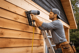 Worker installing exterior wood siding on a house showing benefits of durability and natural beauty