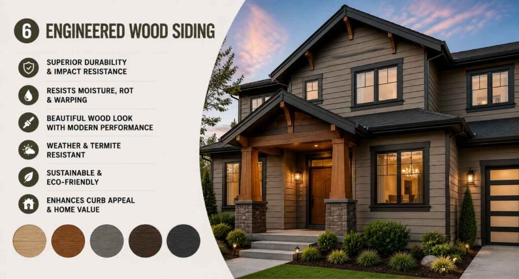 Engineered wood siding installed on a modern residential home featuring the natural look of wood, enhanced durability, weather-resistant protection, low maintenance, and long-lasting curb appeal.