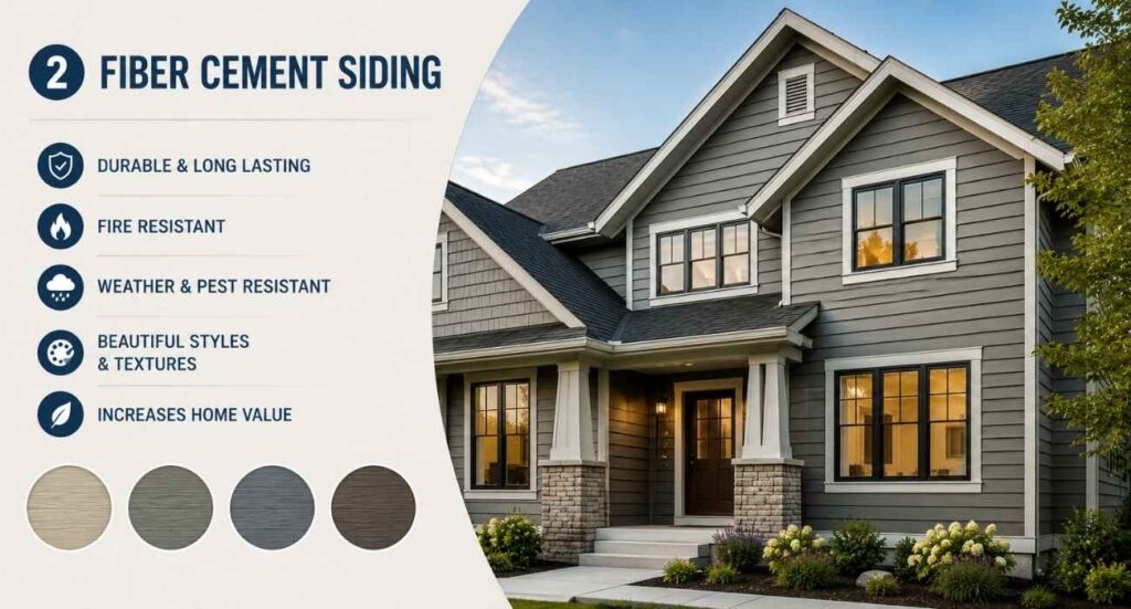 Fiber cement siding installed on a modern residential home, showcasing a durable, weather-resistant exterior finish with wood-like texture, clean lines, and enhanced curb appeal.