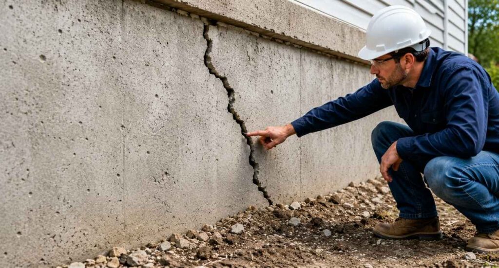 Professional contractor inspecting a damaged concrete foundation wall during foundation crack repair to identify structural issues and prevent further damage.