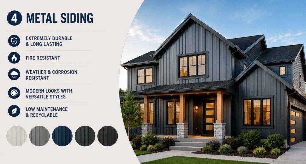 Metal siding installation on a modern residential home featuring durable steel exterior panels, weather-resistant cladding, low-maintenance design, and contemporary curb appeal.