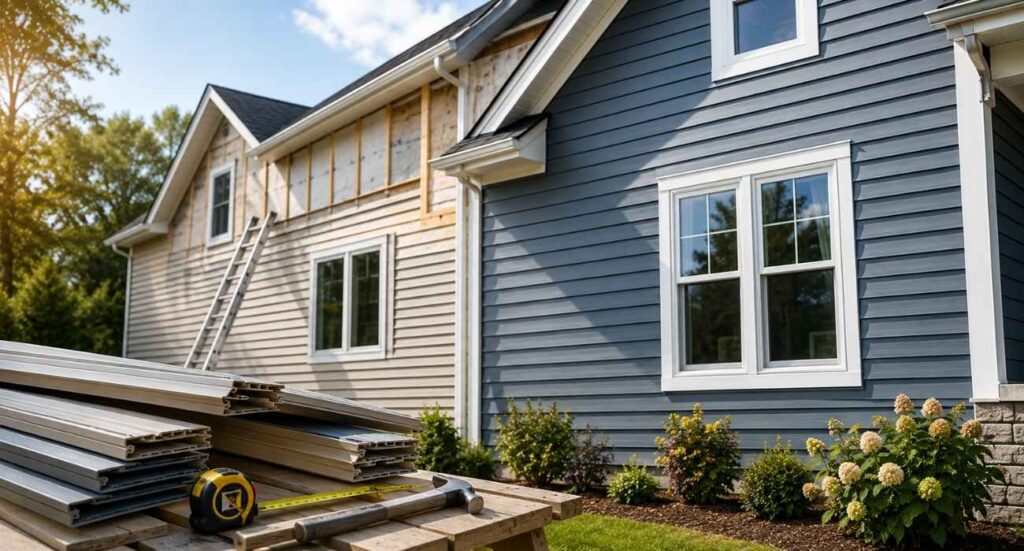 Residential siding replacement cost project showing new vinyl siding installation, old siding removal, and exterior home renovation work.