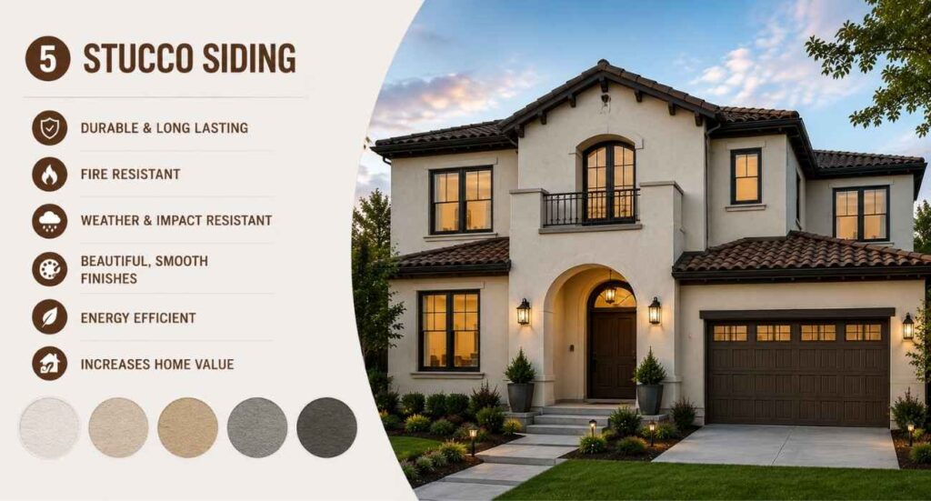 Stucco siding on a modern Mediterranean-style home featuring a smooth exterior finish, energy-efficient wall system, weather-resistant protection, and enhanced curb appeal.