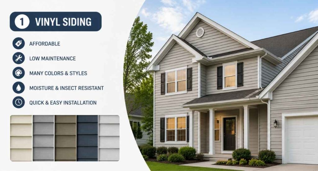 Vinyl siding installation on a modern house showcasing affordable, low-maintenance exterior siding with multiple color options, moisture resistance, and enhanced curb appeal.