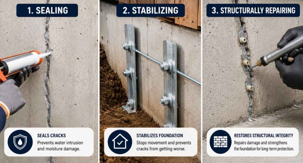 Foundation crack repair process showing sealing, stabilizing, and structurally repairing cracks in a residential concrete foundation to prevent water intrusion and structural damage.