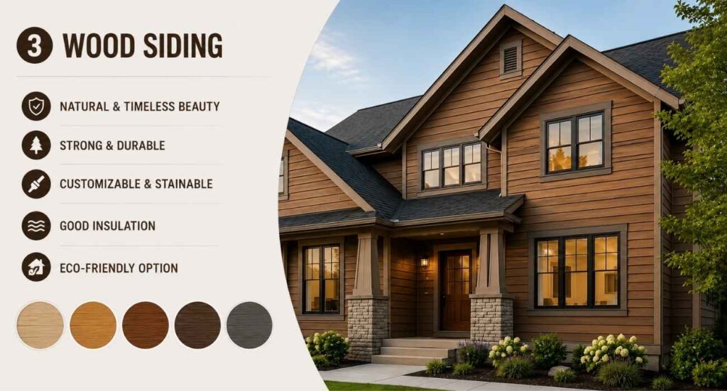 Wood siding installation on a modern residential home featuring natural wood cladding, enhanced curb appeal, durable exterior protection, and classic architectural design.
