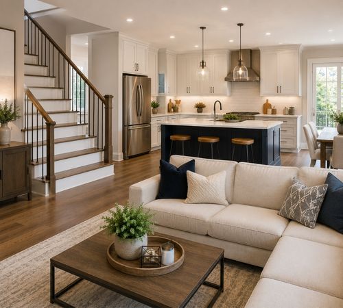 A clean, realistic finished home remodel with a modern kitchen and living area, with no text or overlays.