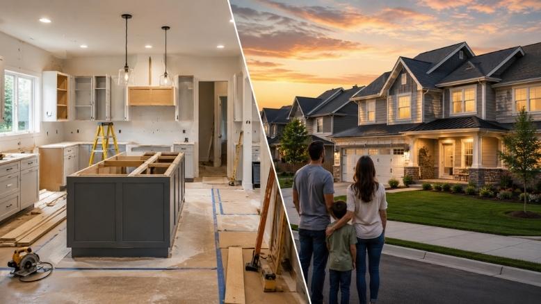 Home Remodeling vs. moving comparison showing a kitchen renovation alongside a family standing outside a new home.