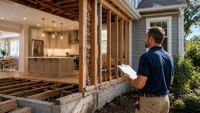 Home Remodeling contractor inspecting a home's foundation and structure before planning a renovation project.