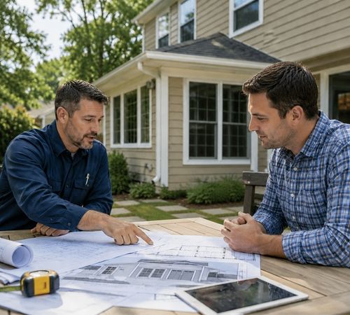 House addition contractor reviewing home extension plans with homeowners in Maryland.