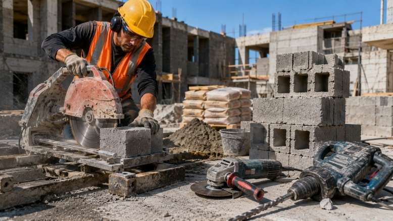 Professional mason using masonry power tools on a construction site.